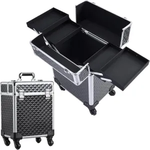 Rolling Makeup Train Case Large Cosmetic Trolley Organized Aluminum Barber Case for Hairstylist Makeup Nail Tech Salon with Keys Swivel Wheels Traveling Cart Trunk - Black