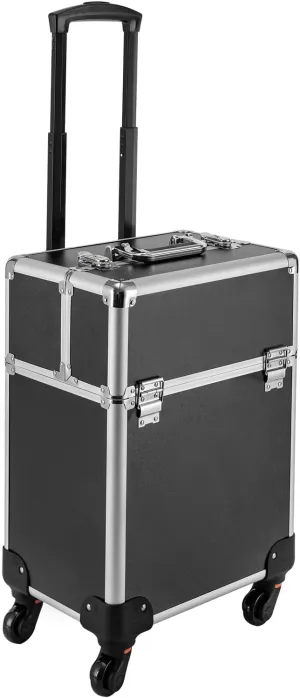 Rolling Makeup Train Case Large Storage Cosmetic Trolley with Swivel Wheels & Key Traveling Cart Trunk for Makeup Artist Hairdressers Nail Technicians, Black