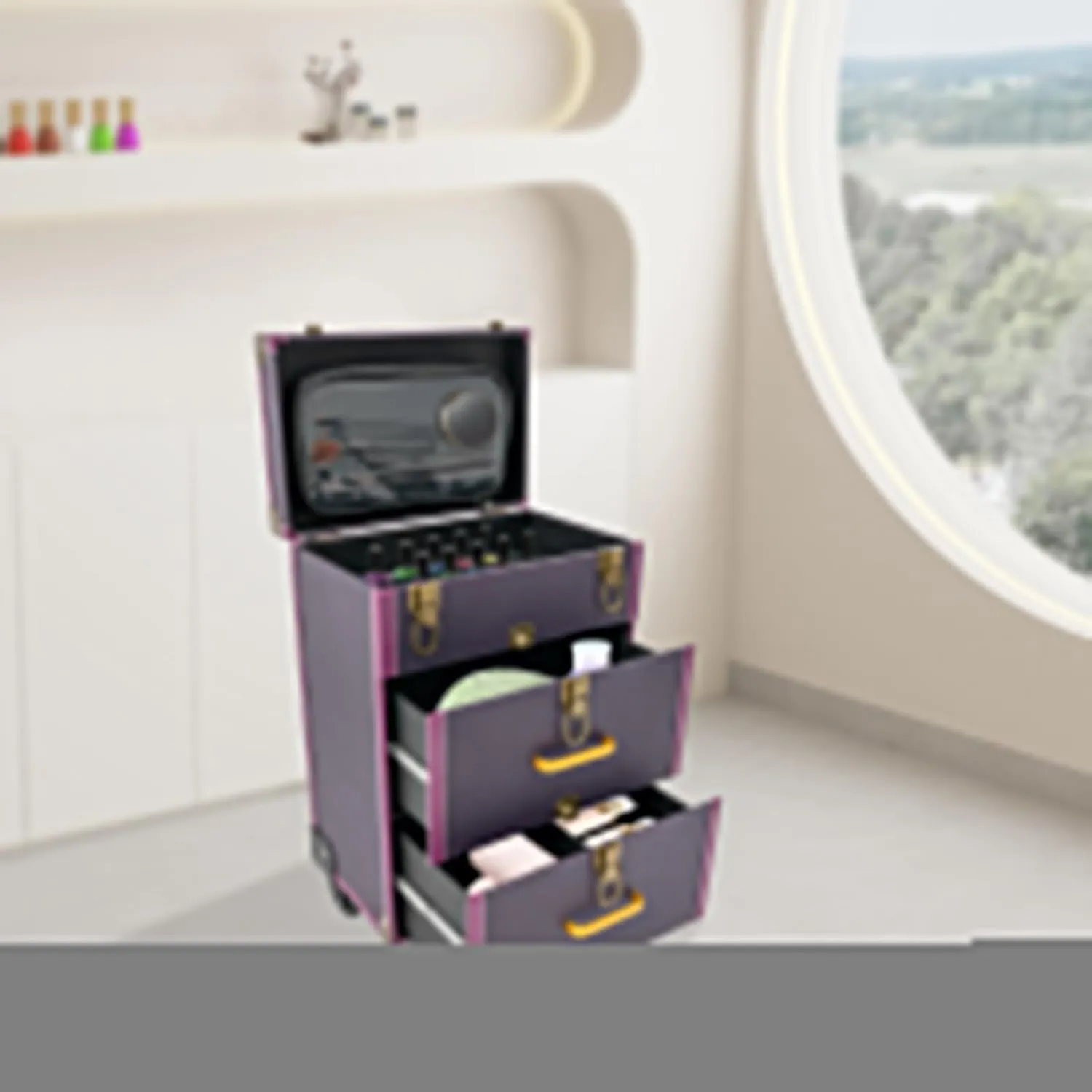 Rolling Makeup Train Case, Makeup Case on Wheels, Salon Trolley Suitcase with Drawer Handle and 2 Keys, Nail Polish Trolley Organizer for Hair Barbers, Nail Technicians (Purple)