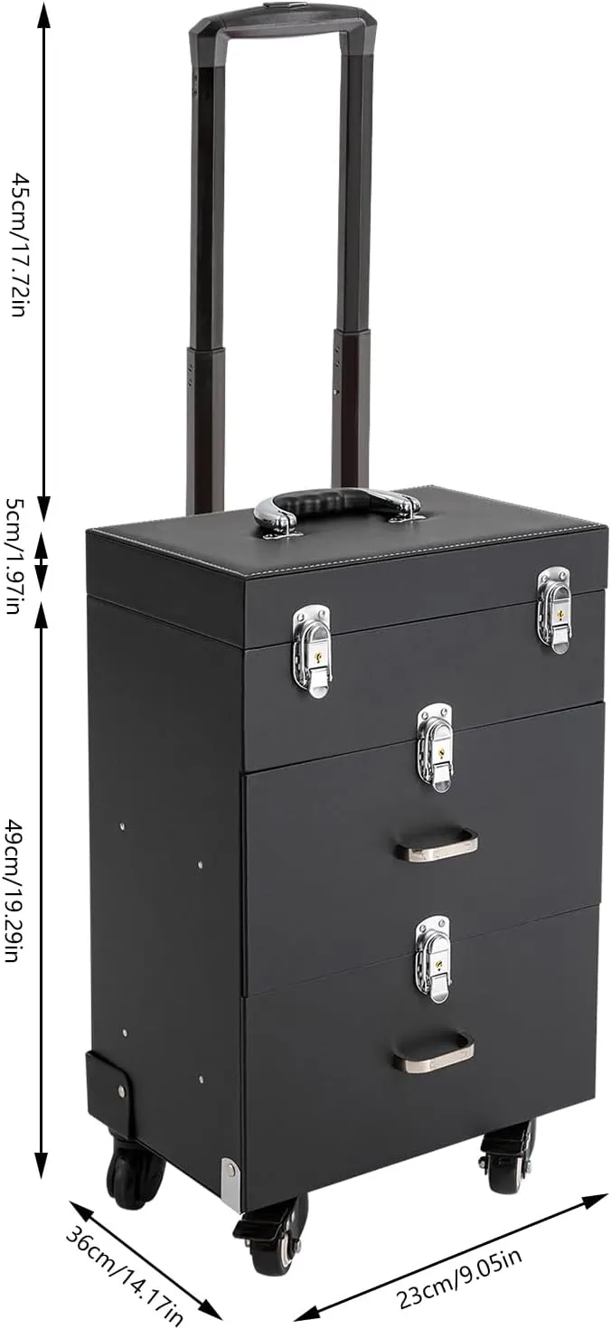 Rolling Makeup Train Case Professional Large Makeup Trolley Case with 4 Universal Wheel 3 Trays for Cosmetic Nail Polish Organizer Storage Travel Case (Black)