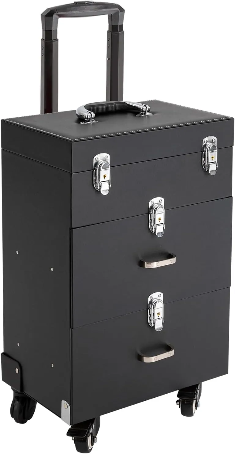 Rolling Makeup Train Case Professional Large Makeup Trolley Case with 4 Universal Wheel 3 Trays for Cosmetic Nail Polish Organizer Storage Travel Case (Black)