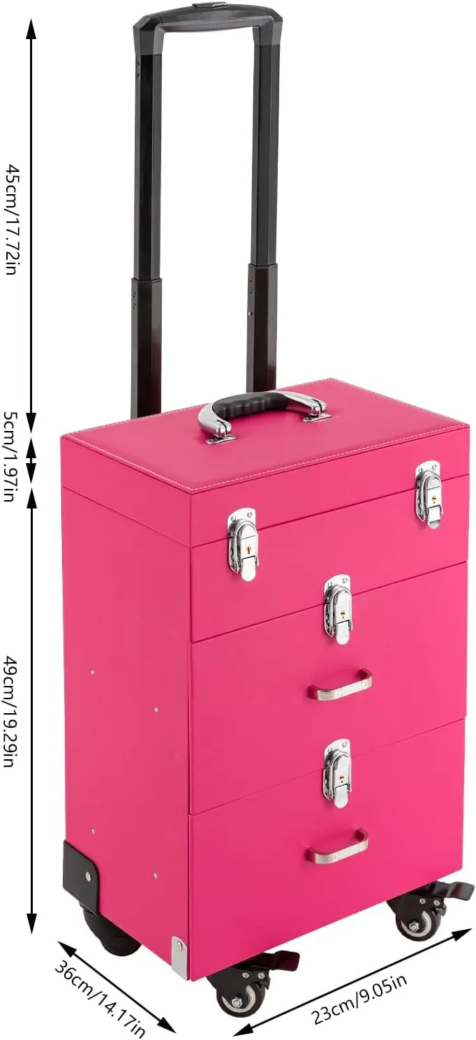 Rolling Makeup Train Case Professional Large Makeup Trolley Case with 4 Universal Wheel 3 Trays for Cosmetic Nail Polish Organizer Storage Travel Case (Pink)