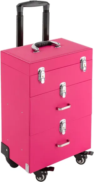 Rolling Makeup Train Case Professional Large Makeup Trolley Case with 4 Universal Wheel 3 Trays for Cosmetic Nail Polish Organizer Storage Travel Case (Pink)