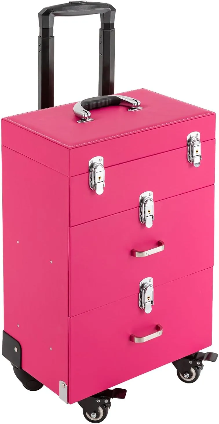 Rolling Makeup Train Case Professional Large Makeup Trolley Case with 4 Universal Wheel 3 Trays for Cosmetic Nail Polish Organizer Storage Travel Case (Pink)