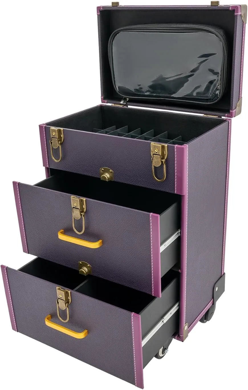 Rolling Makeup Train Case Travel Make Up Case Cosmetic Train Case Rolling Portable Makeup Case Beauty Train Case With Universal Wheels & Key For Hairdresser Makeup Artist (Purple Bronze)