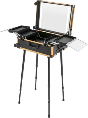 Rolling Makeup Train Case with LED Lighted Mirror, 21" Cosmetic Makeup Suitcase Makeup Trolley with Extendable Trays & Adjustable Leg for Vanity Salon Studio Travel