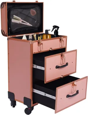Rolling Makeup Train Case,Gold Large Cosmetic Case Trolley with Locks,Make-Up Case Storage Organizer on Wheel with Dividers,Barber Traveling Cart Trunk for Esthetician,Nail Art,Hair Styling