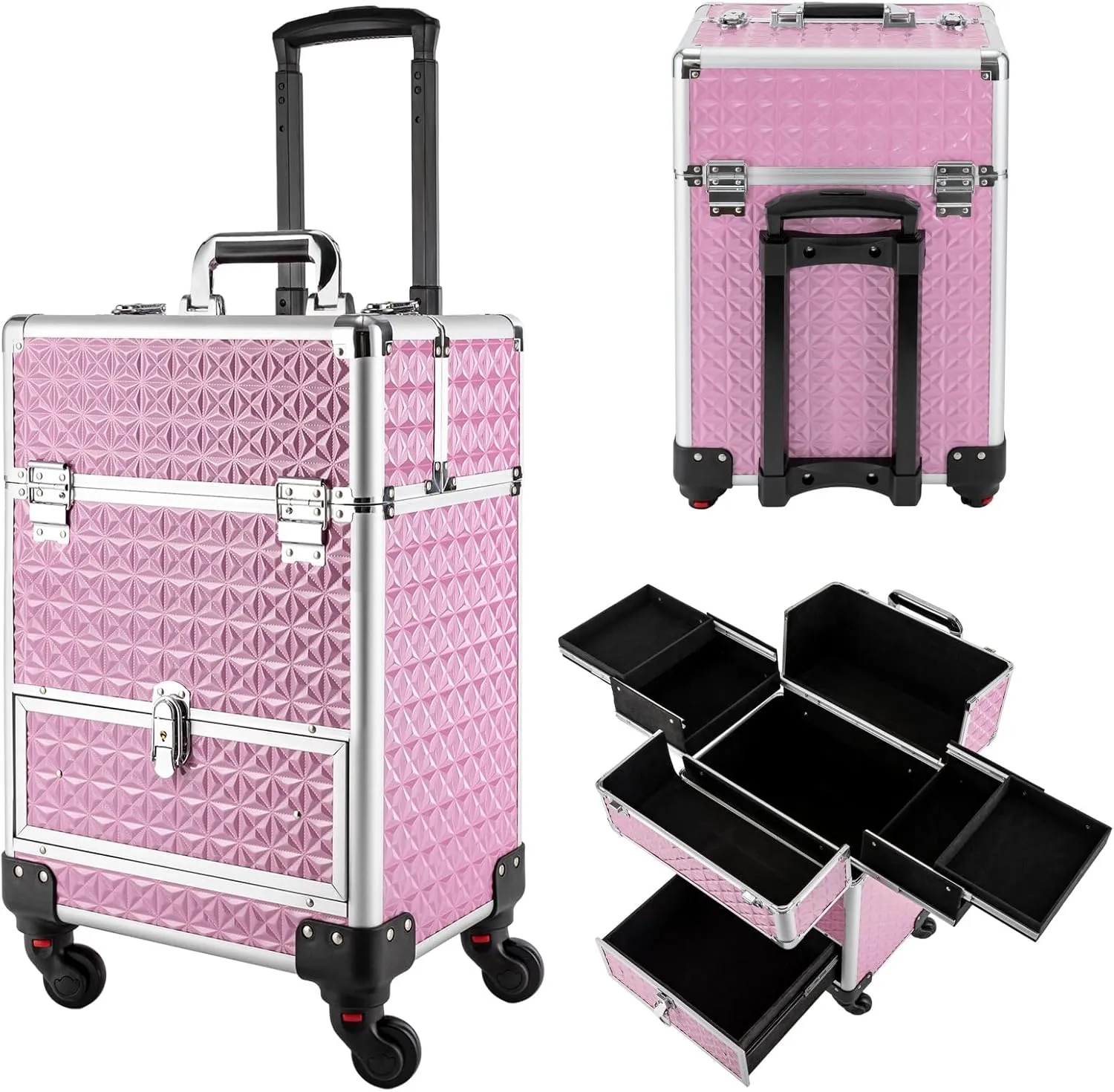 Rolling Nail Case Rolling Makeup Train Case Professional Makeup Trolley with Storage, Organizer for Nail Technician Artists - Wheeled Cosmetic Trolley for Studio or Travelin (Pink)