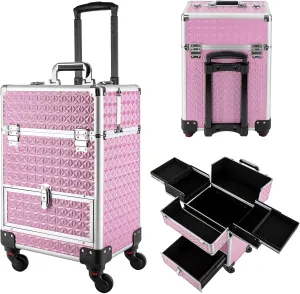 Rolling Nail Case Rolling Makeup Train Case Professional Makeup Trolley with Storage, Organizer for Nail Technician Artists - Wheeled Cosmetic Trolley for Studio or Travelin (Pink)