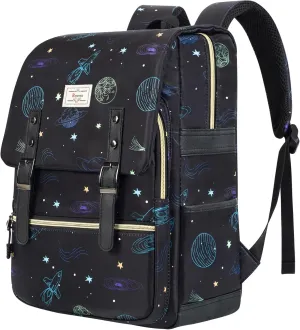 Ronyes Vintage Backpack for Women Men, Laptop Backpack 15.6 inch Bookbag Casual Daypack for Work, Black with Rocket Pattern
