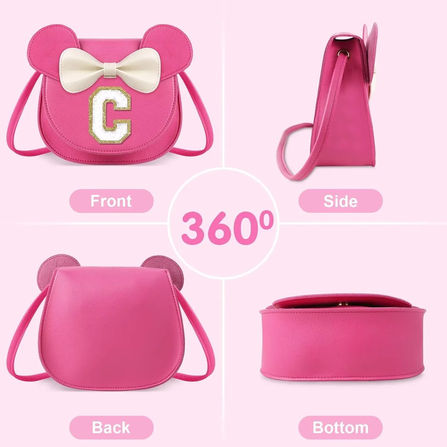 rosered C Toddler Girl Wallet for Kids 2-8 Years, Cute Mouse Ear Bow Crossbody Purse, Personalized Initial Gift