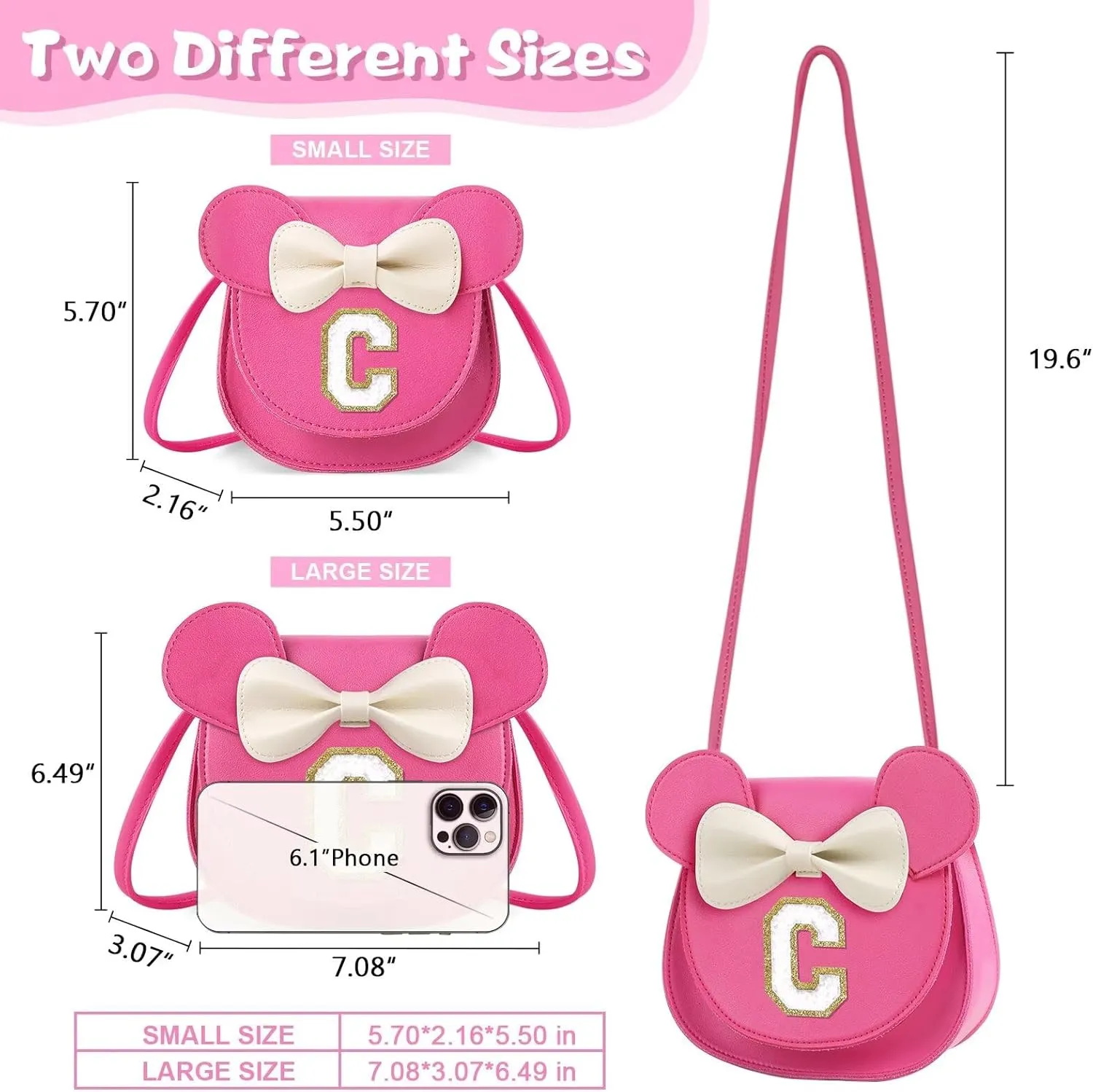 rosered C Toddler Girl Wallet for Kids 2-8 Years, Cute Mouse Ear Bow Crossbody Purse, Personalized Initial Gift