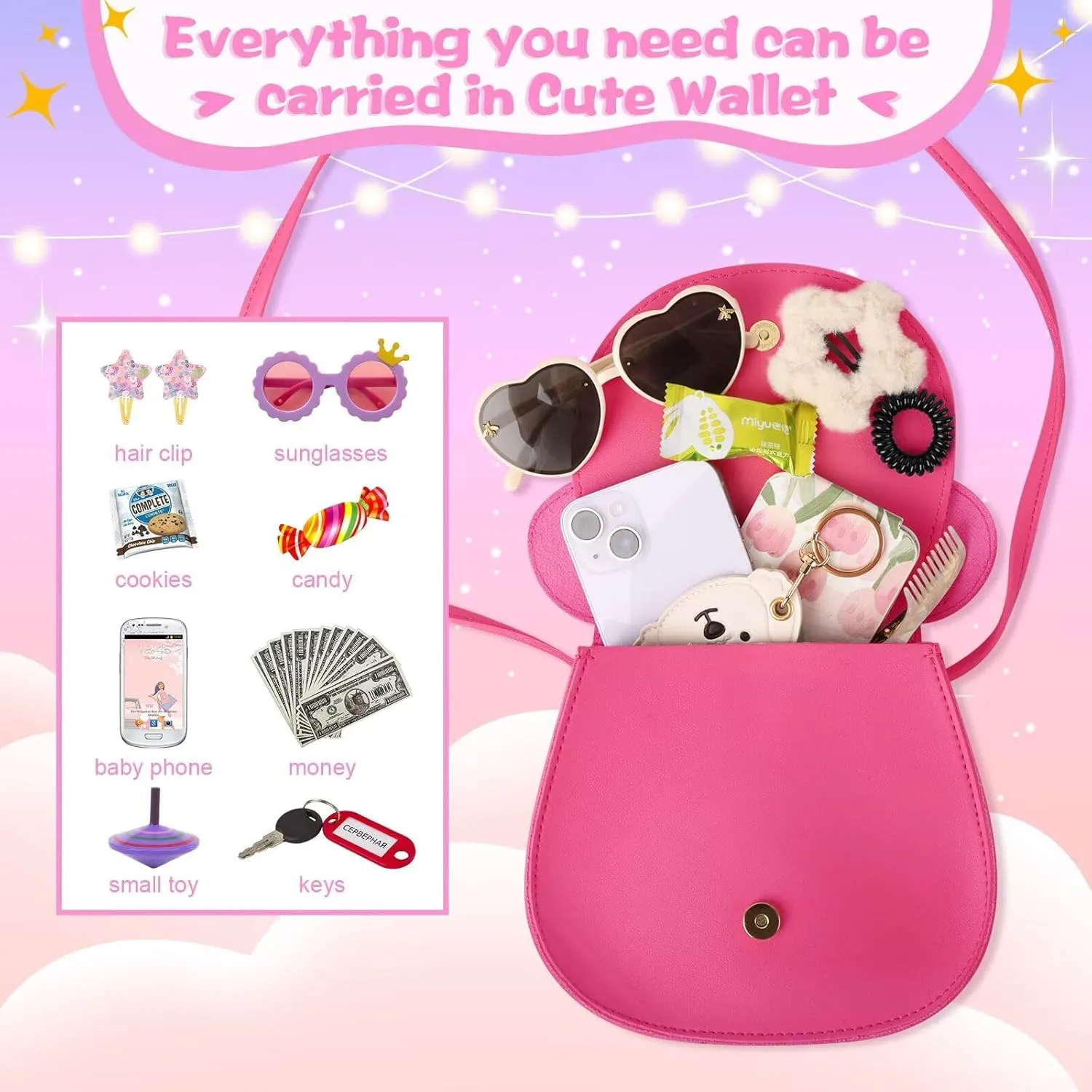 rosered C Toddler Girl Wallet for Kids 2-8 Years, Cute Mouse Ear Bow Crossbody Purse, Personalized Initial Gift