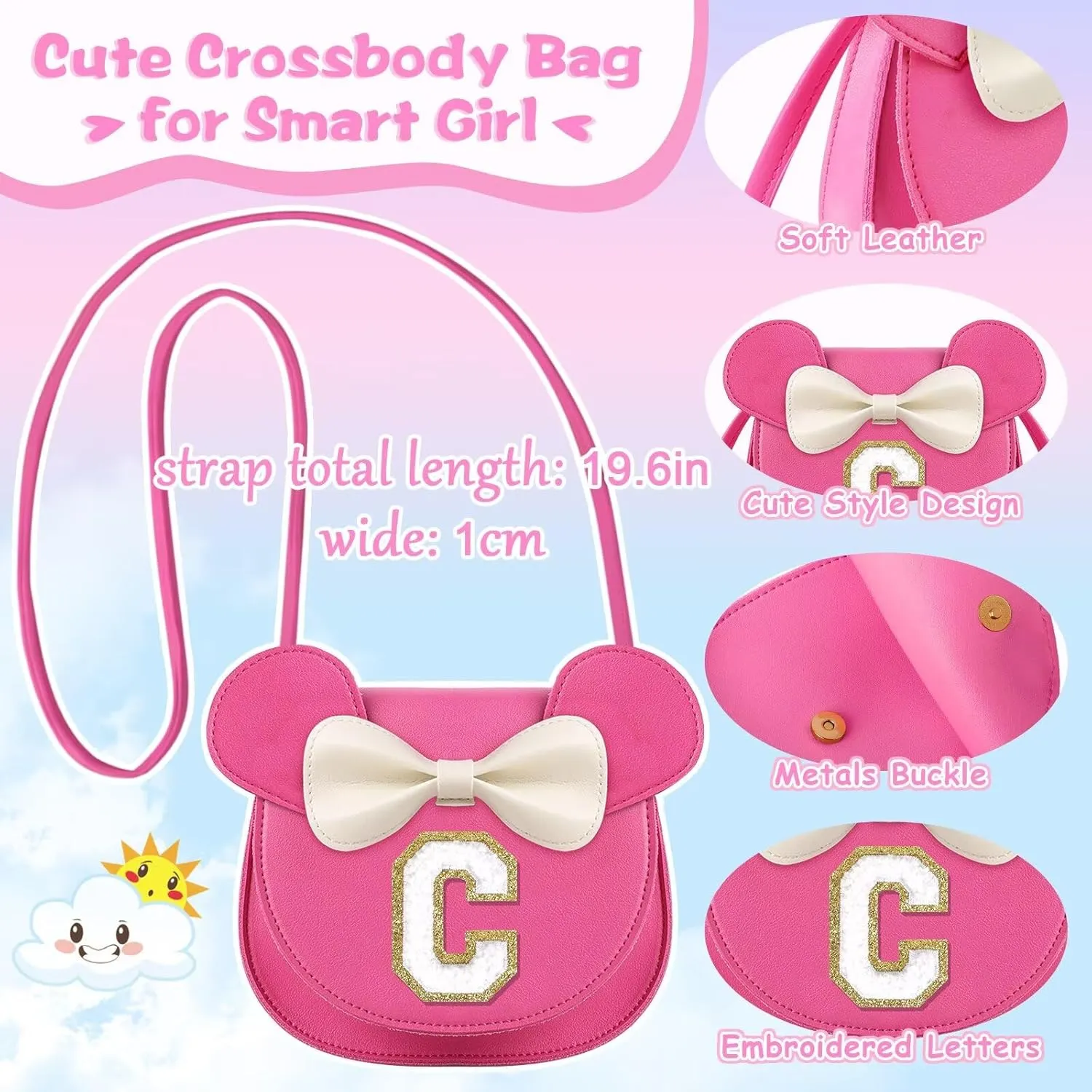 rosered C Toddler Girl Wallet for Kids 2-8 Years, Cute Mouse Ear Bow Crossbody Purse, Personalized Initial Gift