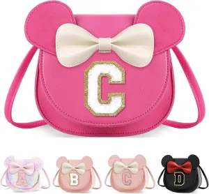 rosered C Toddler Girl Wallet for Kids 2-8 Years, Cute Mouse Ear Bow Crossbody Purse, Personalized Initial Gift