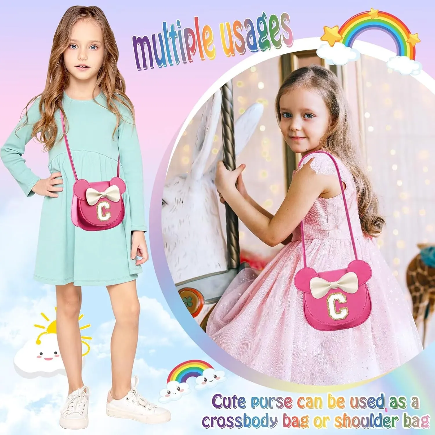 rosered C Toddler Girl Wallet for Kids 2-8 Years, Cute Mouse Ear Bow Crossbody Purse, Personalized Initial Gift