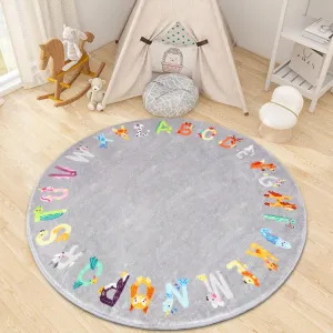 Round ABC Kids Rug,4 ft Animal Alphabet Playroom Rug,Washable Non-Slip Cute Nursery Rug for Kids Room,Educational Kids Play Rug Classroom Rug for Playroom Kids Room Bedroom Decor
