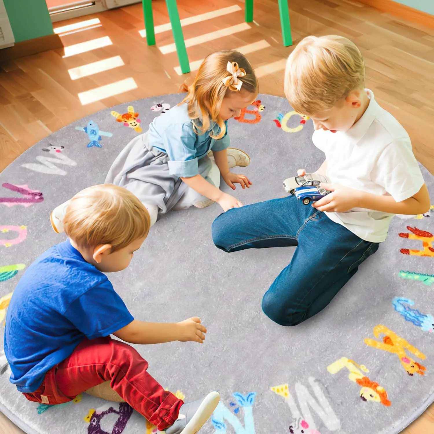 Round ABC Kids Rug,4 ft Animal Alphabet Playroom Rug,Washable Non-Slip Cute Nursery Rug for Kids Room,Educational Kids Play Rug Classroom Rug for Playroom Kids Room Bedroom Decor