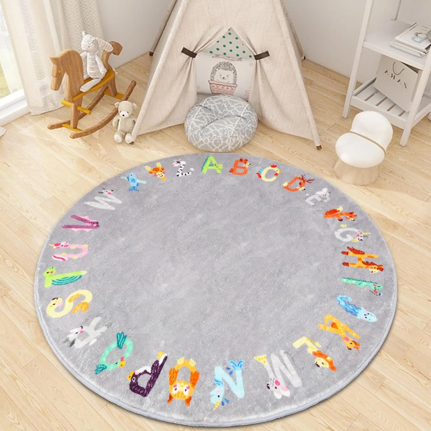 Round ABC Kids Rug,4 ft Animal Alphabet Playroom Rug,Washable Non-Slip Cute Nursery Rug for Kids Room,Educational Kids Play Rug Classroom Rug for Playroom Kids Room Bedroom Decor