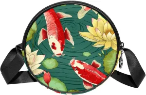 Round Cross Body Bag for Women, Long Strap Crossbody Bag, art pattern Pond fish