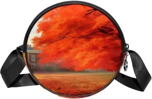Round Cross Body Bag for Women, Long Strap Crossbody Bag, autumn maple tree