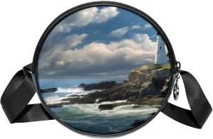 Round Cross Body Bag for Women, Long Strap Crossbody Bag, ocean sea and lighthouse