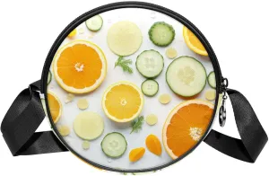 Round Cross Body Bag for Women, Long Strap Crossbody Bag, Orange Cucumber and Leaf