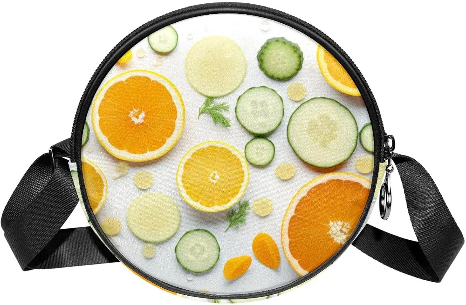 Round Cross Body Bag for Women, Long Strap Crossbody Bag, Orange Cucumber and Leaf