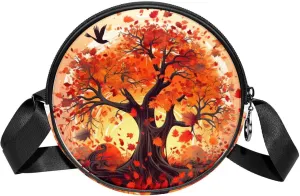Round Cross Body Bag, Womens Purses, Long Strap Crossbody Bag for Traveling, art pattern autumn maple tree