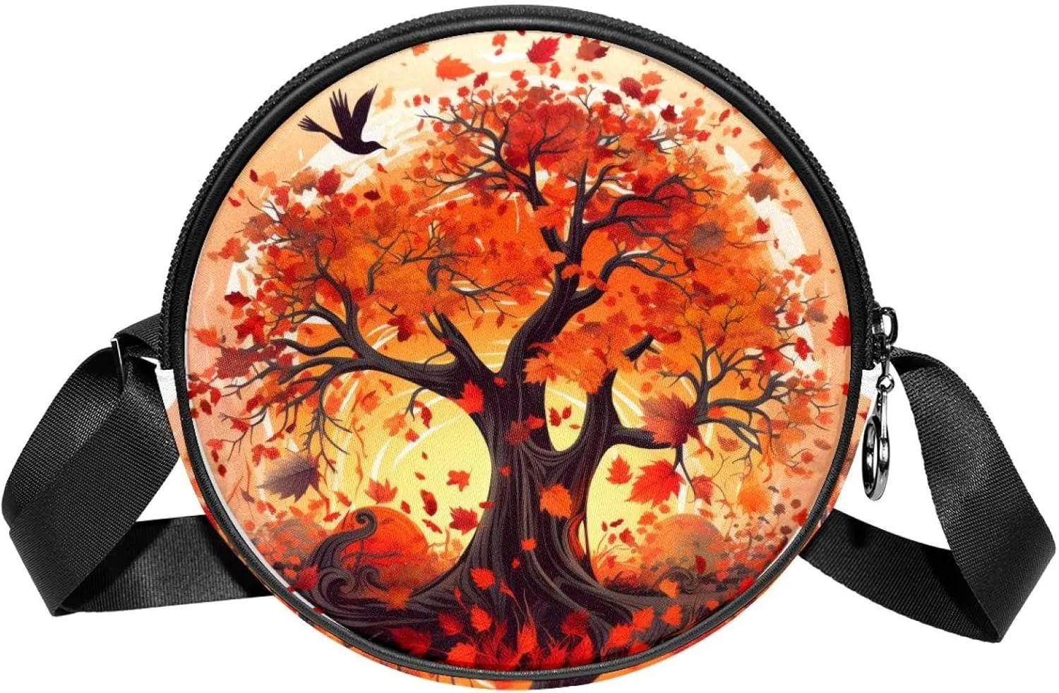 Round Cross Body Bag, Womens Purses, Long Strap Crossbody Bag for Traveling, art pattern autumn maple tree