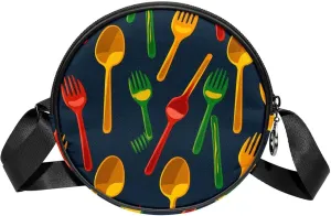 Round Cross Body Bag, Womens Purses, Long Strap Crossbody Bag for Traveling, Cartoon Forks and knives