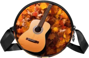 Round Cross Body Bag, Womens Purses, Long Strap Crossbody Bag for Traveling, guitar with maple leaf