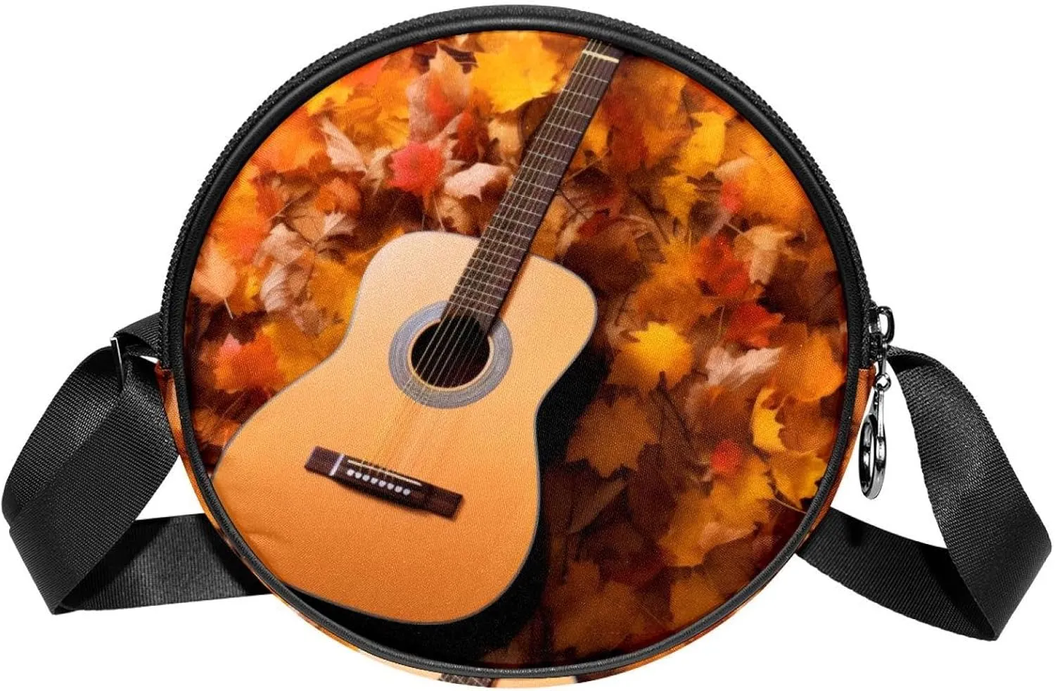 Round Cross Body Bag, Womens Purses, Long Strap Crossbody Bag for Traveling, guitar with maple leaf