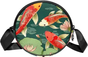Round Cross Body Bag, Womens Purses, Long Strap Crossbody Bag for Traveling, pond fish