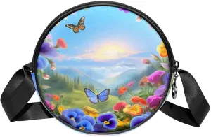 Round Cross Body Bag, Womens Purses, Long Strap Crossbody Bag for Traveling, sunrise pattern flower and butterflies