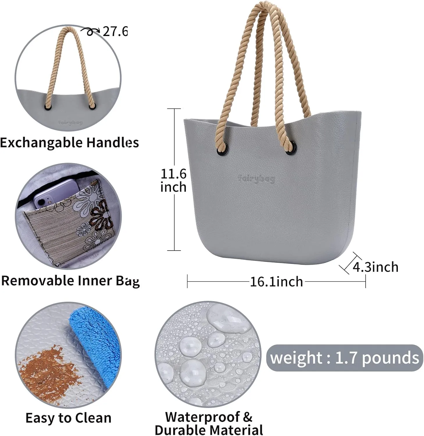 Rubber Tote Handbag with Rope Handles and Faux Leather Strap Lightweight Waterproof Shoulder Bag with EVA Foam Rubber
