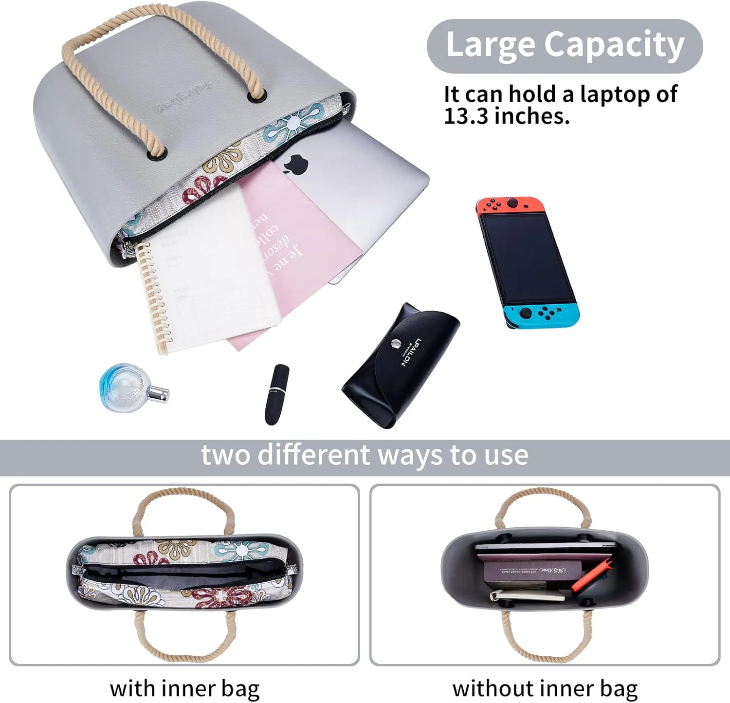 Rubber Tote Handbag with Rope Handles and Faux Leather Strap Lightweight Waterproof Shoulder Bag with EVA Foam Rubber