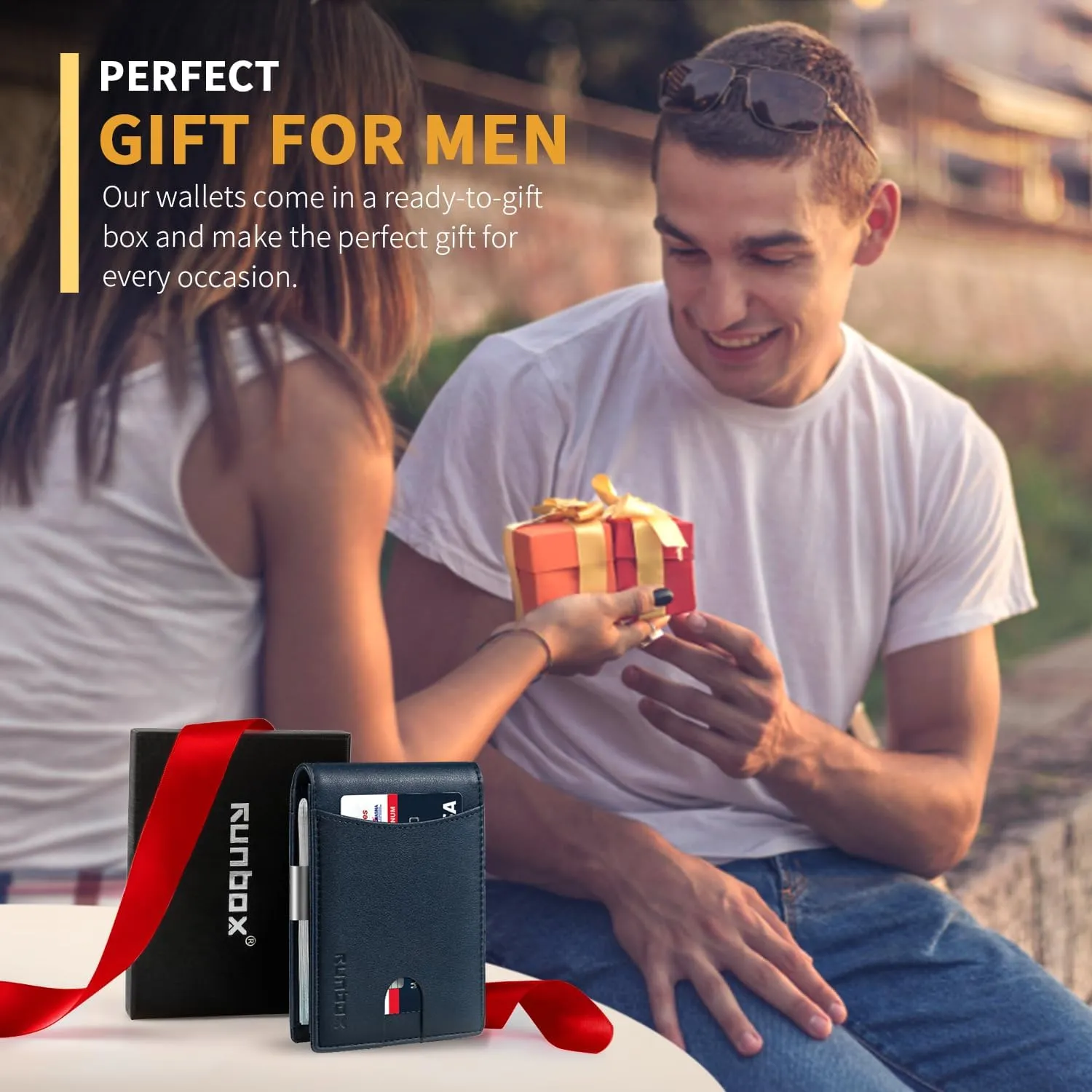 RUNBOX Slim Money Clip Wallets for Men RFID Blocking 11 Card Holder Minimalist Small Leather Bifold Men's Front Pocket Wallet Gift Box