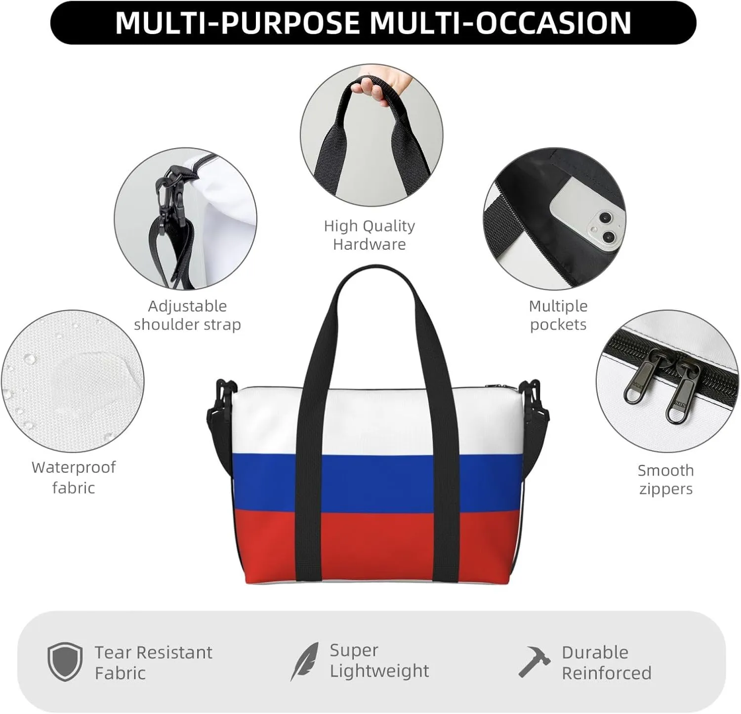 Russian Flag Travel Duffel Bag Carry On Tote Bags For Men,Weekender Overnight Bag,Sports Tote Gym Bag
