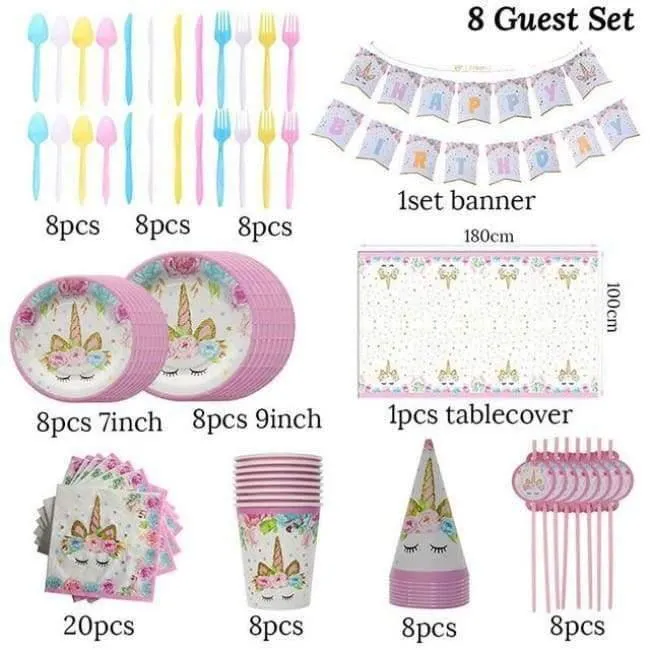 Rynx | Pink Unicorn Party Napkin Paper Hat Plate Cup Tablecloth Balloons 1st Birthday Decoration Kids Party Favor Materials