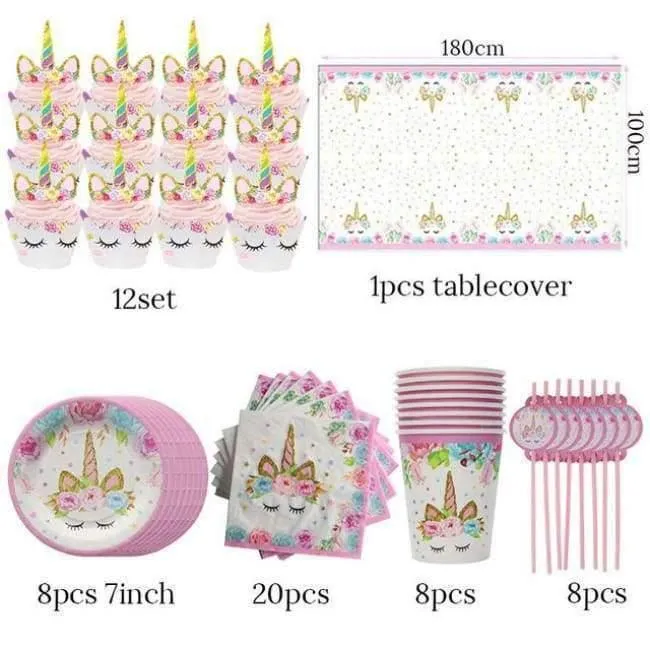 Rynx | Pink Unicorn Party Napkin Paper Hat Plate Cup Tablecloth Balloons 1st Birthday Decoration Kids Party Favor Materials