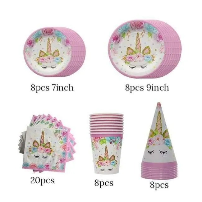 Rynx | Pink Unicorn Party Napkin Paper Hat Plate Cup Tablecloth Balloons 1st Birthday Decoration Kids Party Favor Materials