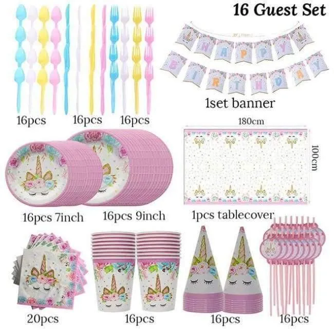 Rynx | Pink Unicorn Party Napkin Paper Hat Plate Cup Tablecloth Balloons 1st Birthday Decoration Kids Party Favor Materials