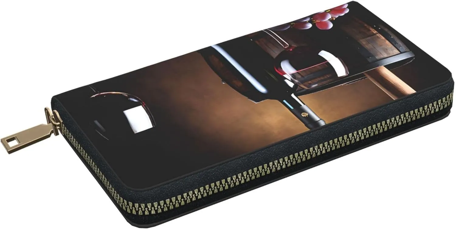 (Salmon) Pu Leather Purse Multi Compartment Card Wallet Stylish Wallet with Zipper for Cards, Coin, Bill, Red Wine Bottle Glass, One Size
