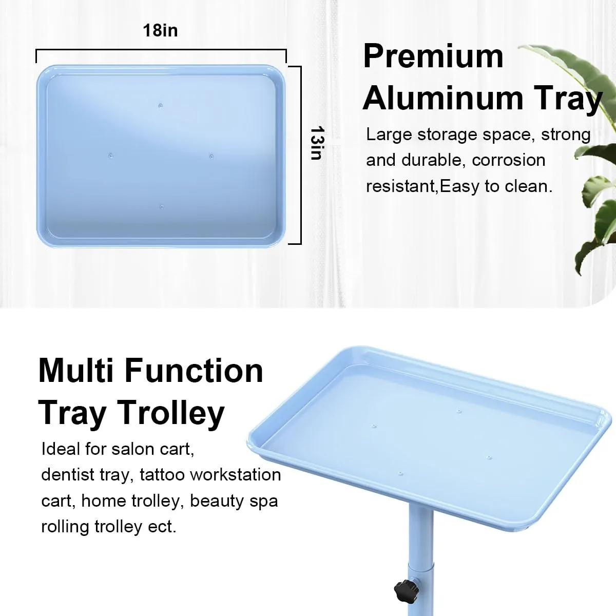 Salon Tray Cart on Wheels,Premium Aluminum Rolling Tray,Salon Color Tray,Tattoo Tray Dental Tray,Hair Stylist Tray with Height Adjustable,Salon Service Tray,Blue