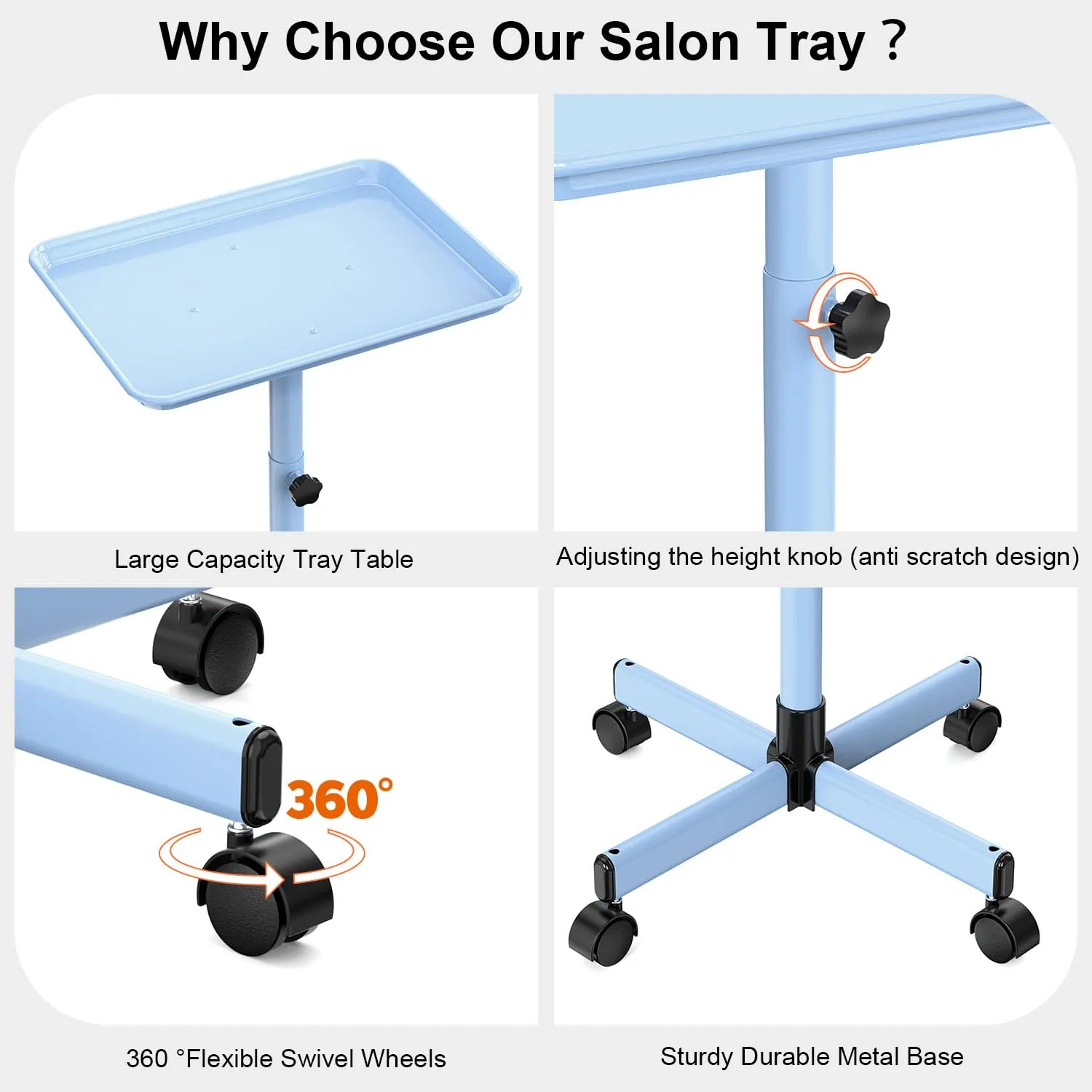 Salon Tray Cart on Wheels,Premium Aluminum Rolling Tray,Salon Color Tray,Tattoo Tray Dental Tray,Hair Stylist Tray with Height Adjustable,Salon Service Tray,Blue
