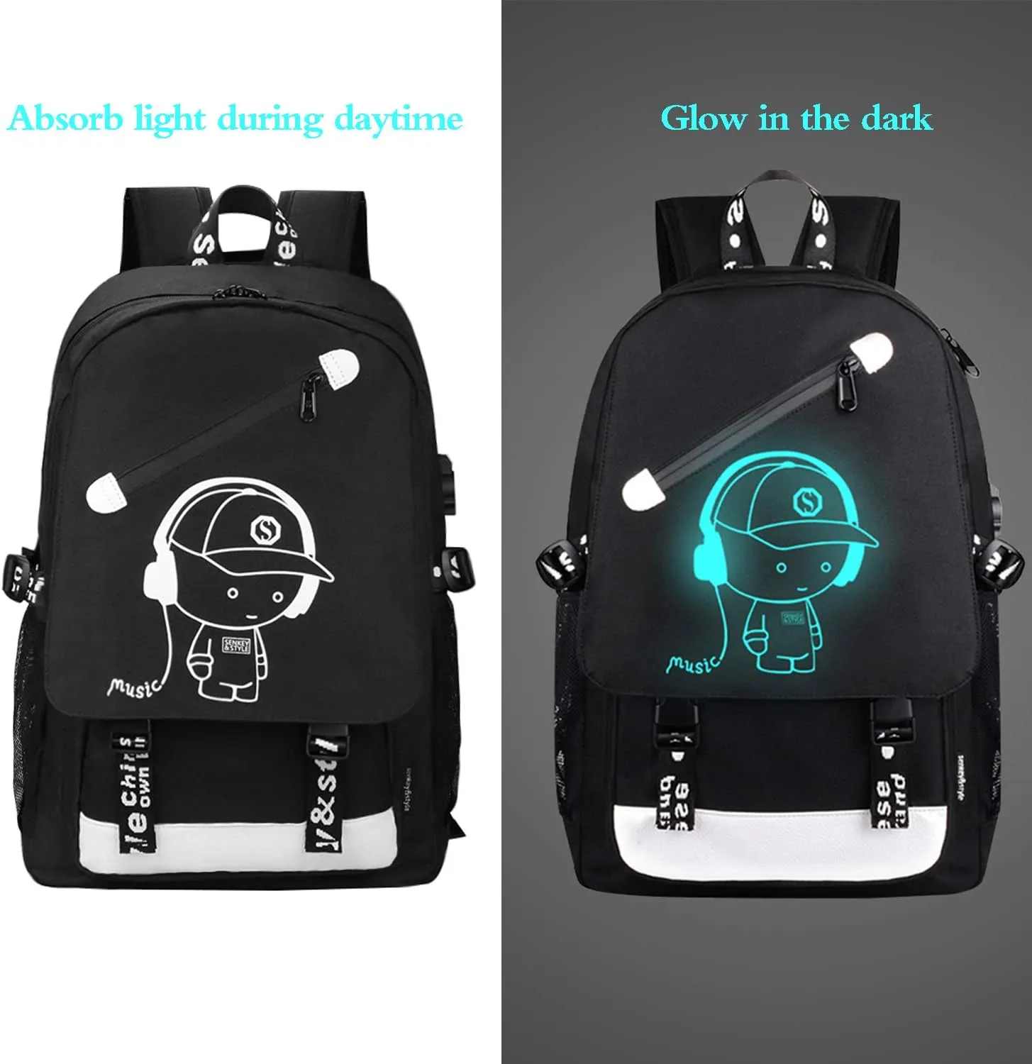 School Backpack for Boys, Cartoon Luminous Bookbag 15.6inch Laptop Bag with USB Charging Port - Music Black
