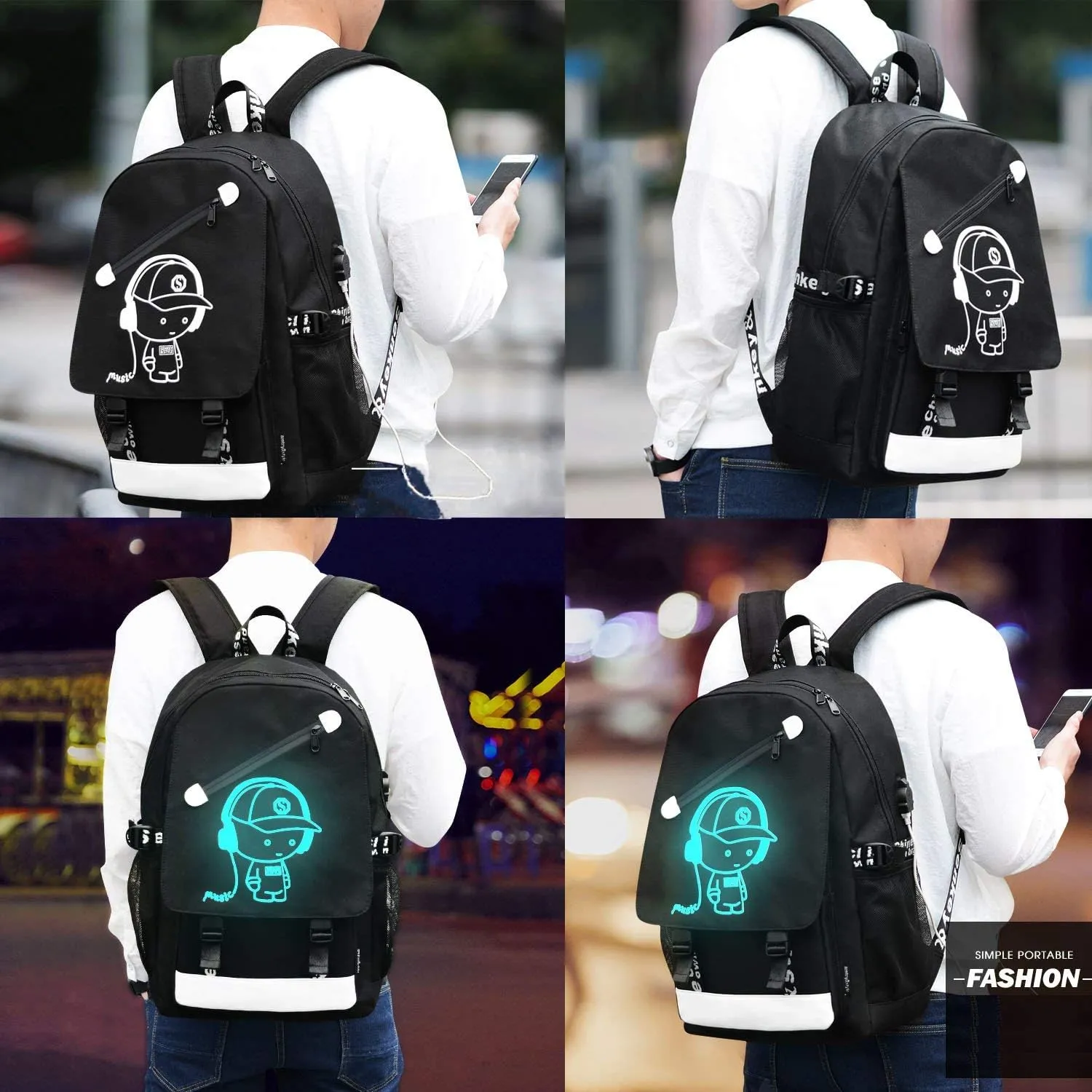 School Backpack for Boys, Cartoon Luminous Bookbag 15.6inch Laptop Bag with USB Charging Port - Music Black