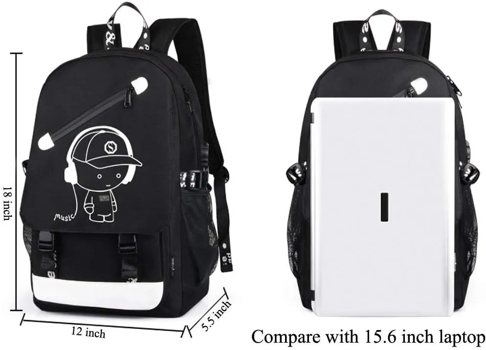 School Backpack for Boys, Cartoon Luminous Bookbag 15.6inch Laptop Bag with USB Charging Port - Music Black