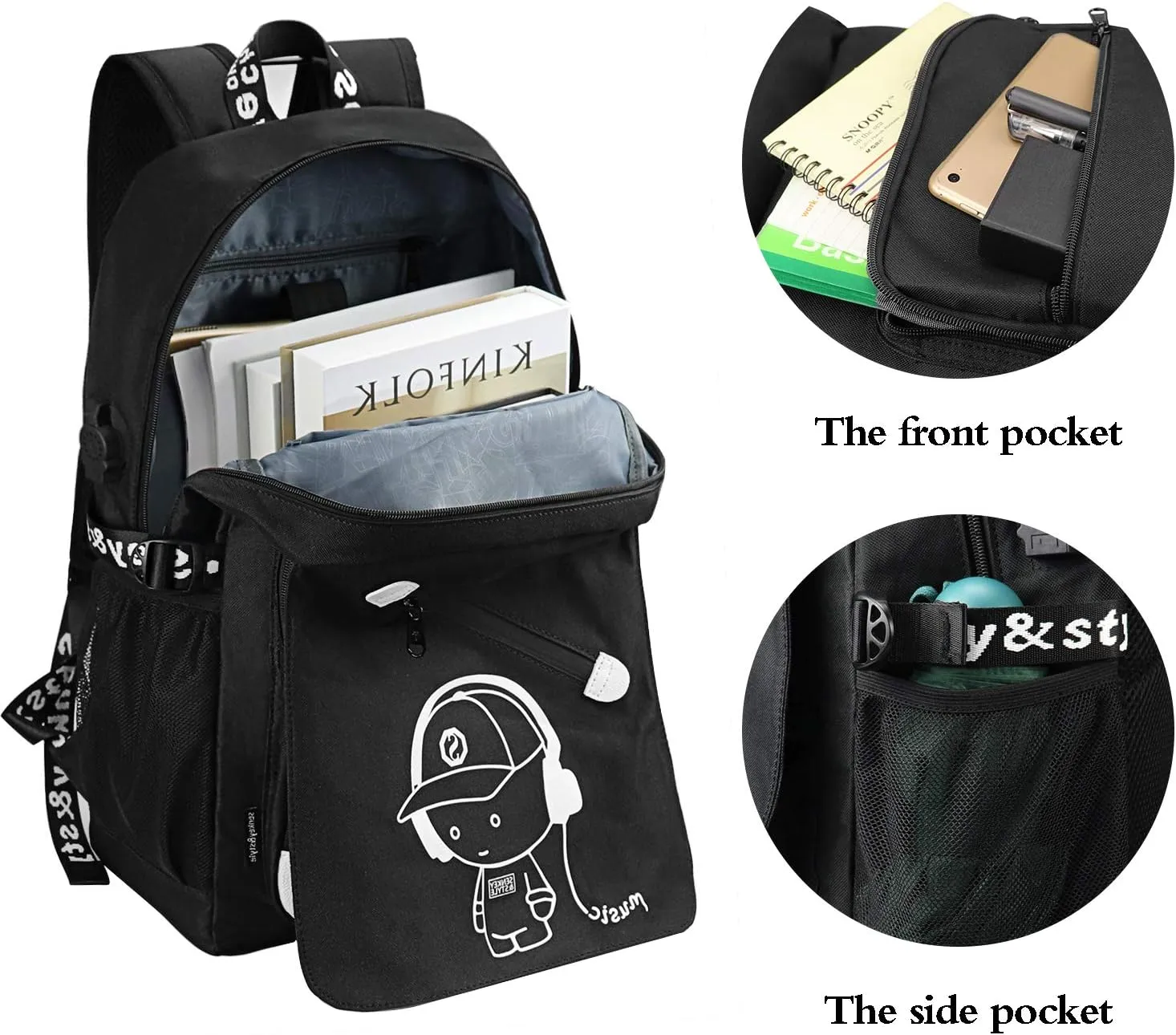 School Backpack for Boys, Cartoon Luminous Bookbag 15.6inch Laptop Bag with USB Charging Port - Music Black